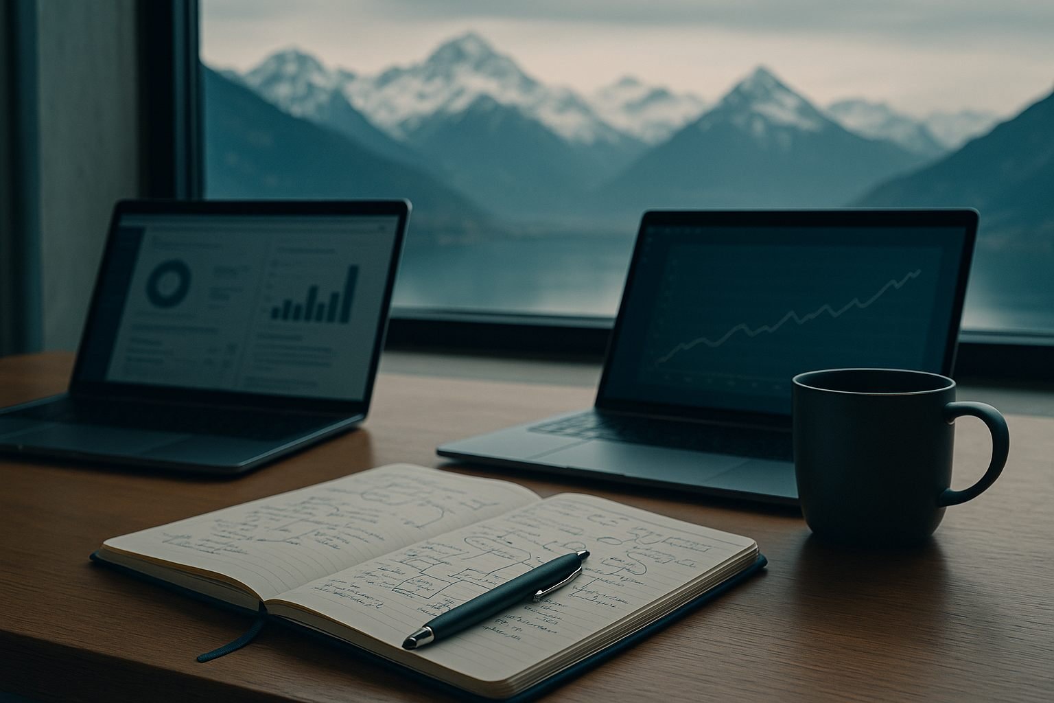 Minimalist boardroom table with a floor-to-ceiling window overlooking the Swiss Alps