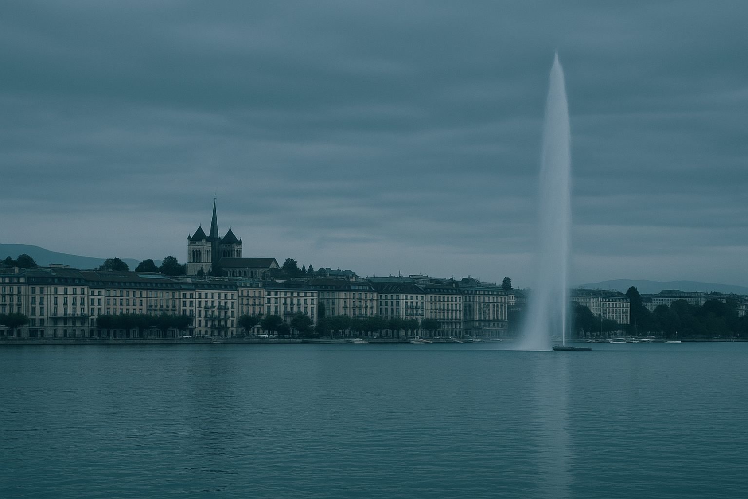 Lakeside skyline of Geneva with the Jet d'Eau fountain, representing French-speaking Switzerland's healthcare procurement region