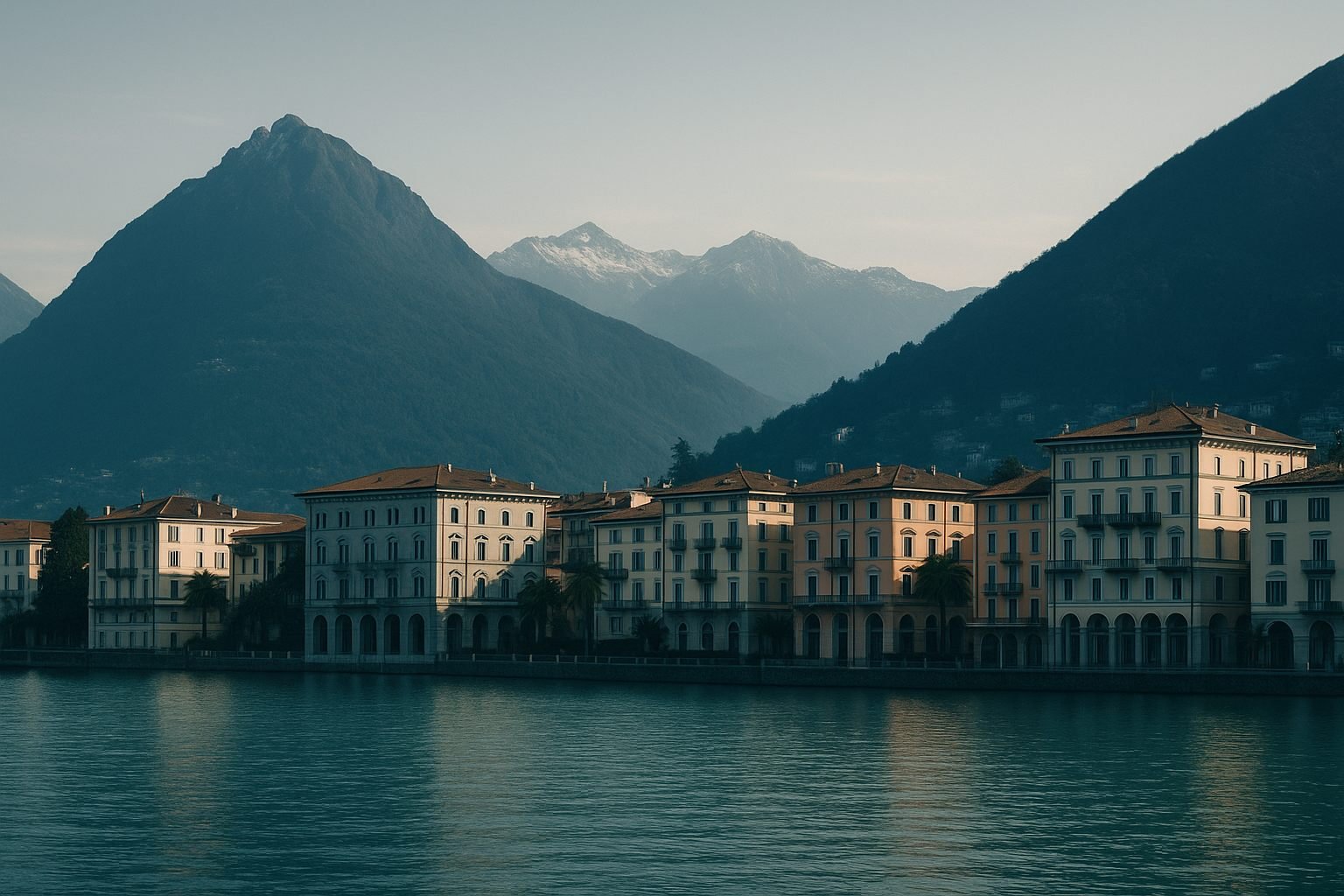 Lake Lugano with Alpine peaks, representing the range of Swiss regions covered by Alpine Healthcare Partners' network