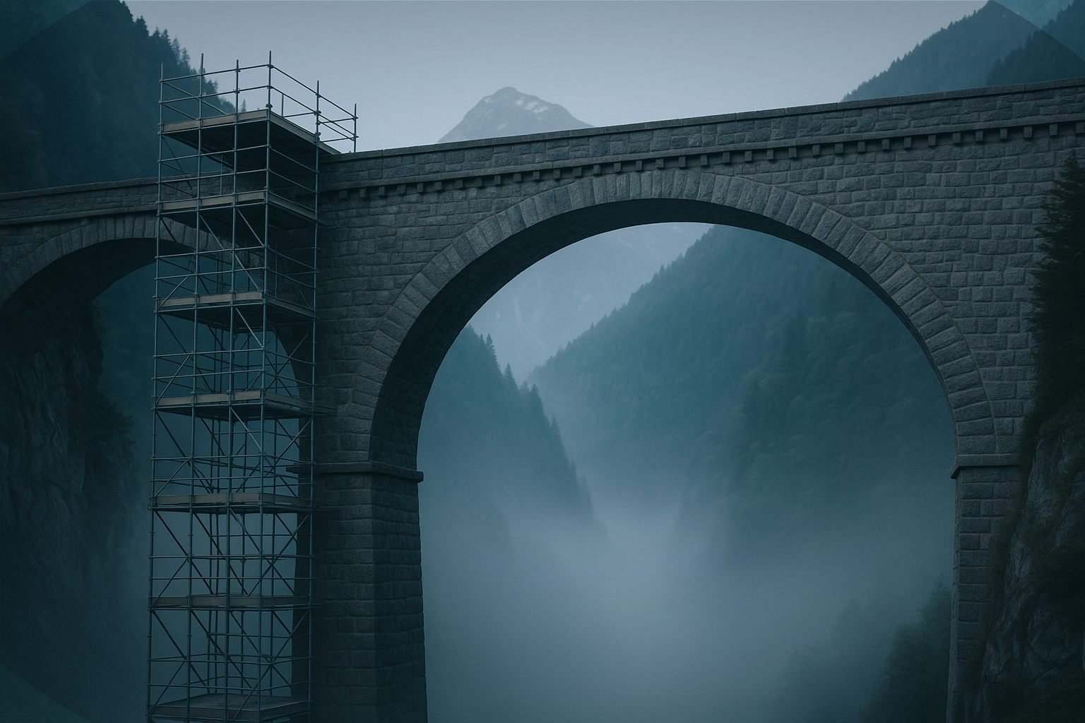 A stone bridge over a misty Alpine valley with one section still surrounded by scaffolding, symbolizing an EU-Switzerland agreement that has been signed but is not yet fully in force