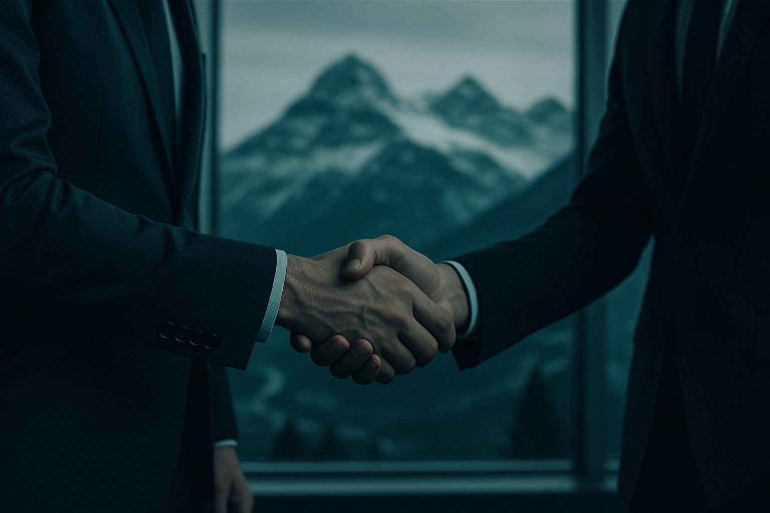 Two business professionals shaking hands, symbolizing direct commercial representation over intermediary distribution
